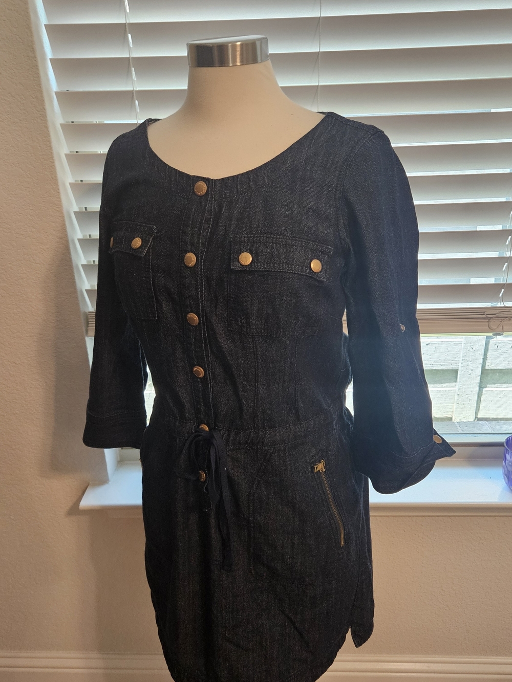 DKNY Dark Indigo Button-Front Denim Tunic Dress with Gold Buttons
